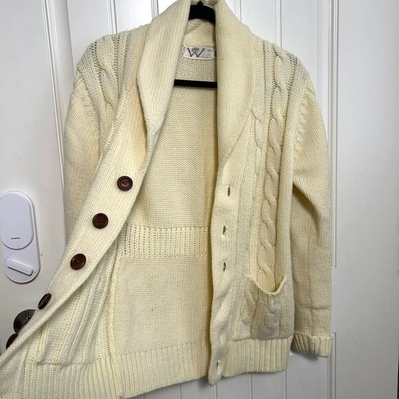 Vintage Wickbury Cable Knit Cardigan S Cream Shawl Collar Wood Buttons Cozy - Picture 5 of 10